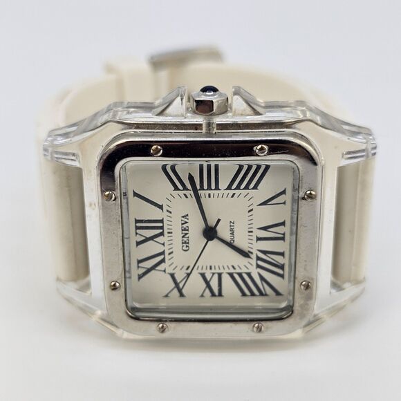 35MM Women's‎ Square Watch White Dial White Plastic Bands New Battery - Picture 4 of 11